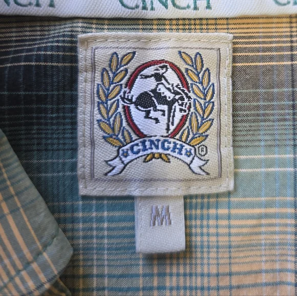 Cinch Medium 100% Cotton Plaid Button Down Shirt Green Teal Western Rodeo Ranch - Picture 3 of 5